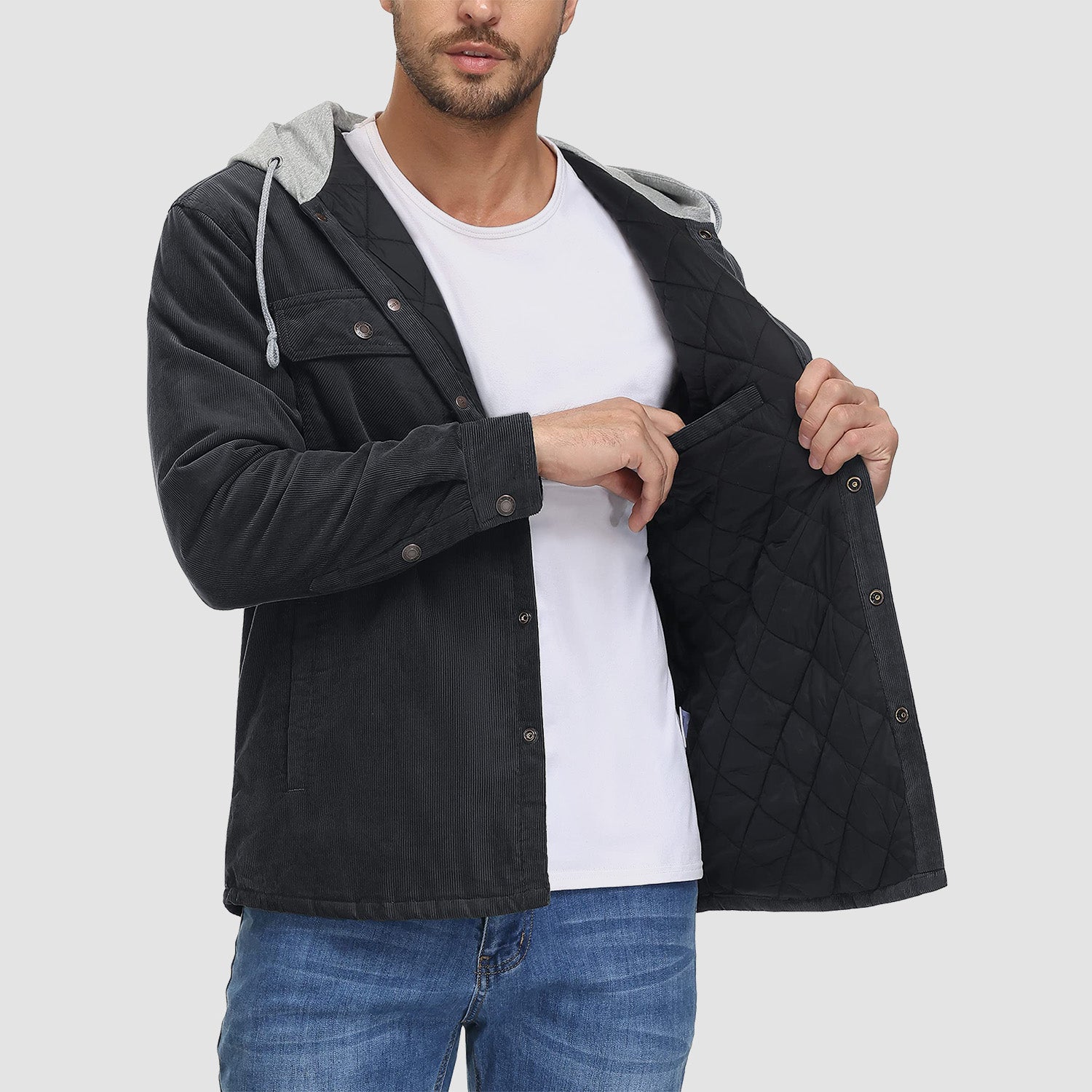 Men's Corduroy Jacket Hoodies Quilted Lined Button-Down Casual Shirt Jacket Warm Winter Coat with 5 Pockets